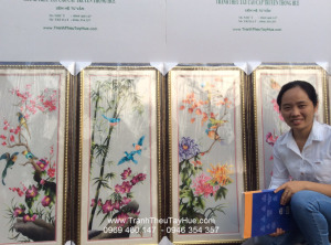 Tranh thêu bộ tứ đào lan cúc trúc sau khi hoàn thành