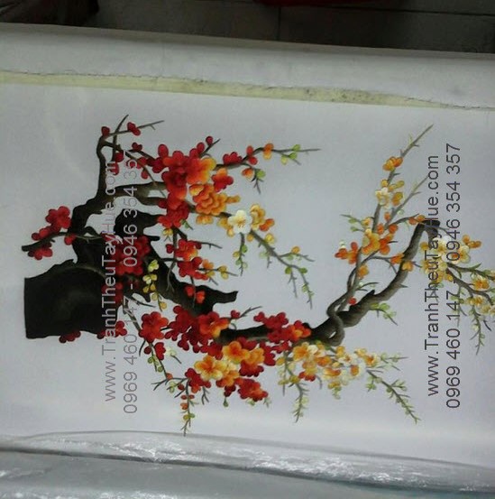 tranh thêu hoa đào
