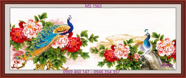 Tranh thêu hoa mẫu đơn 9 bông