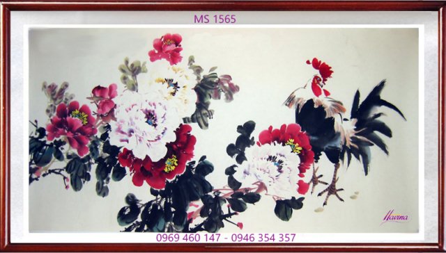 Tranh thêu hoa mẫu đơn 9 bông