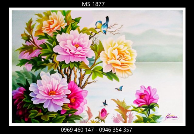 Tranh thêu hoa mẫu đơn 9 bông