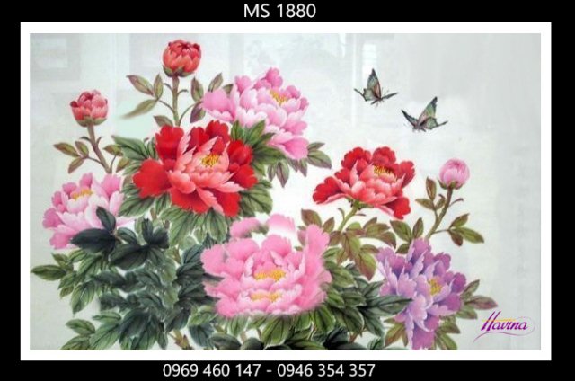 Tranh thêu hoa mẫu đơn 9 bông