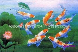 Tranh thêu cá chép hoa sen