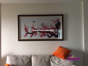 tranh thêu hoa đào