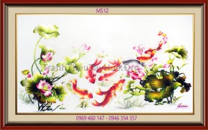tranh thêu cá chép hoa sen