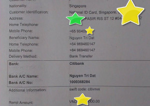 phiếu chuyển tiền của khách hàng Singapore cho tranh thêu tay huế